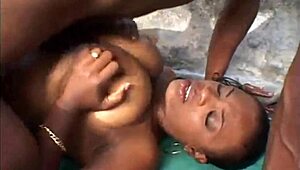 nice black ebony bitch sucking and taking big cock anal in pool