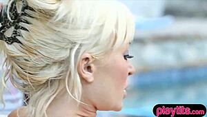 busty trophy wife gets massage from masseuse outdoors