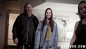 This brunette group engages in deepthroat and riding in a taboo threesome.