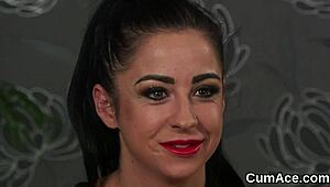 sexy beauty gets jizz load on her face gulping all the jizz
