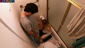 Stepmom and Stepson Share Secret Bathroom Tryst at Dinner. Emotions Run High with Big Tits.