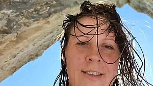 yo, banging stepmom on a nudist beach while hubby's swimming, unreal curvy milf action