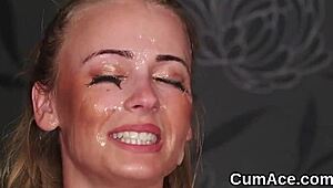 Frisky honey gets facial cumshot and swallows every drop of love juice