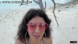 Golden shower for Katty right on the public beach