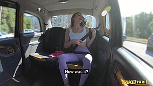 Hot jogger with perfect body drilled in fake taxi backseat