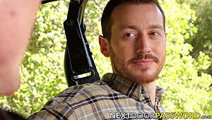 Hunky gay blows and rides his tattooed friend’s raw cock outdoors.