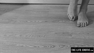 Skinny redhead covers herself in oil and masturbates in the kitchen, fingering her pussy to orgasm!