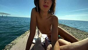 Handjob Surprise at Public Nude Beach with Pierced Teen