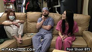 Patient Blaire Celeste moans under Hitachi wand magic during exam.