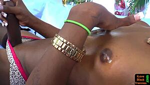 Tranny Ebony Babe in Stockings Jerks Hard Cock with Wild Passion!