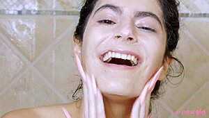 brunette beauty captivates with a sensual shower display for all to see