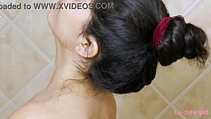 brunette beauty captivates with a sensual shower display for all to see