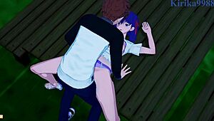 in this fate stay night hentai, sakura matou and rider have intense sex with shirou emiya leading to creampie