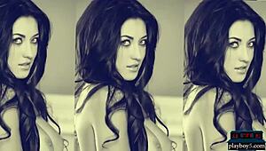 Two gorgeous brunette models strip and tease in seductive poses