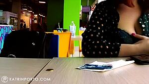 katrin porto teases with big tits and hairy pussy at the mall.