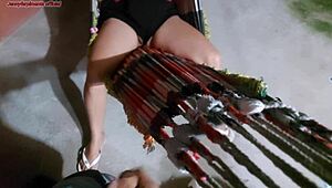 Stepmother distracted, not noticing her swollen pussy slipping out of shorts while on the hammock, driving me wild with desire.