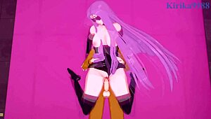 in this fate stay night hentai, sakura matou and rider have intense sex with shirou emiya leading to creampie