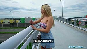 public agent babe flashes tits and ass on bridge then bangs stranger hard outdoors