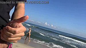 Jerking off on the beach while two sexy girls in the sea decide to join me
