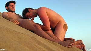 Gay nudist teases with blowjob on beach almost gets caught fucking