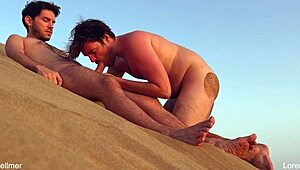 Gay nudist teases with blowjob on beach almost gets caught fucking