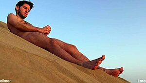 Gay nudist teases with blowjob on beach almost gets caught fucking