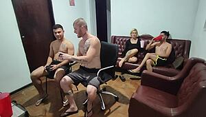 Bareback gay action after video game turns into wild group sex