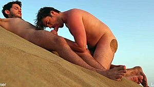 Gay nudist teases with blowjob on beach almost gets caught fucking