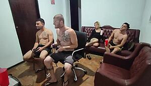 Bareback gay action after video game turns into wild group sex