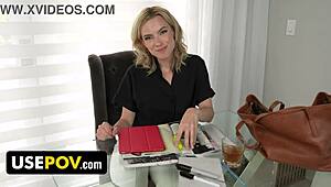 Bossy stepmom transforms hung stepson into her personal sexcretary on kitchen sofa