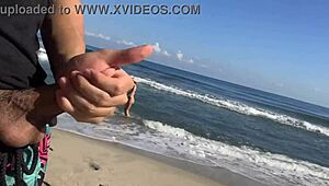 I’m jerking off at public beach, and two sexy chicks join to finish me!
