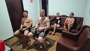 Bareback gay action after video game turns into wild group sex