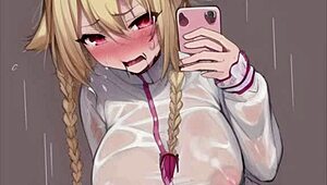 Wet anime girls suck and kiss in rain