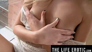 stunning blonde with flawless body fingers her tight pussy deep