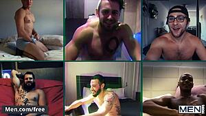 Can you believe these six hunks on a video call? Some drilling holes with dildos, others stroking cocks!