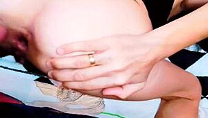 Skinny milf wife spreads her open ass for intense action.