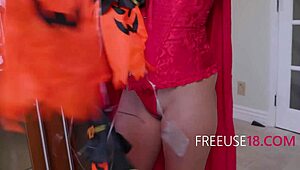 teens in halloween costumes explore the haunted house together