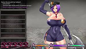 karryn falls again in prison, showing her big tits and ass.