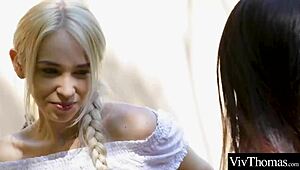 Tattooed lesbian explores sexy brunette in forest before intense fingering and licking