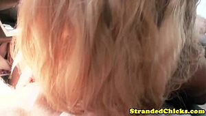 uhh, i’m like so bad at this, hitchhiker blonde jerkin’ driver’s dick... oops!