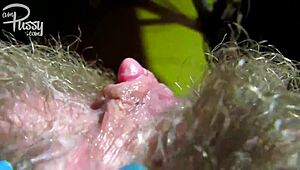 Sticky Hairy Pussy with a Huge Clit in Close-Up Action