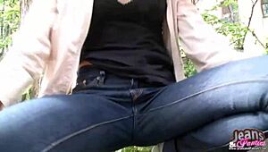 Tight Busty Blonde Sabine Undresses In Skinny Jeans Striptease