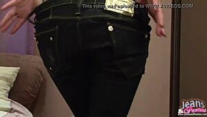 Tight Busty Blonde Sabine Undresses In Skinny Jeans Striptease