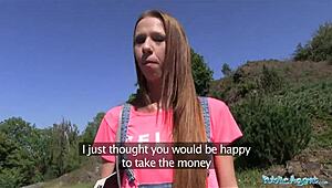 long haired babe gets banged outside by public agent for cash. real pov action!