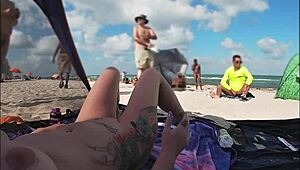 exhibitionist wife mrs kiss shows nude beach voyeur jerking off