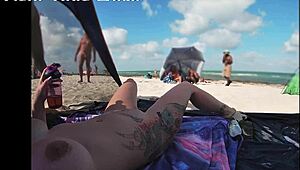 exhibitionist wife mrs kiss shows nude beach voyeur jerking off