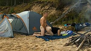 Desert Island Couple with Big Natural Tits in Voyeur Train Scene