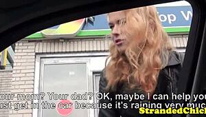 Hitchhiking European Blonde Babe Fucked Hard in Closeup Public Shaved Pussy Scene.