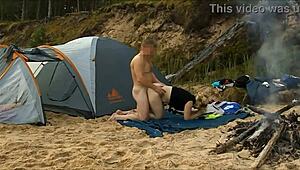 Desert Island Couple with Big Natural Tits in Voyeur Train Scene