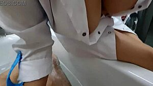 stepmom walks in to wash naked stepson, ignores huge cock in bathroom